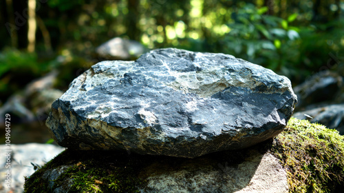 A large, grey, flat rock rests atop a moss-covered boulder in a forest setting.