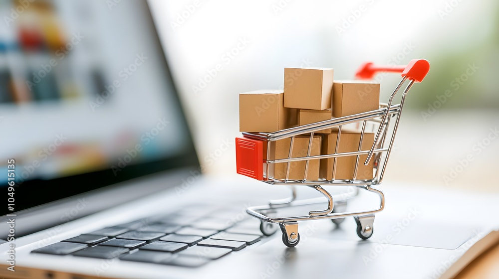 Shopping Cart with Boxes on Laptop Keyboard Shopping Cart with Boxes on Laptop Keyboard