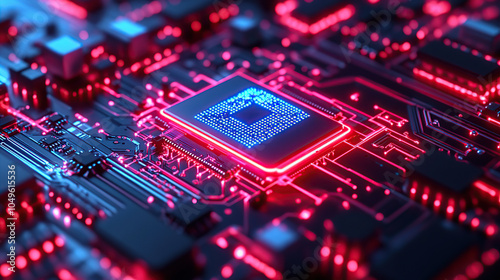 Close-up of a glowing microchip on a circuit board, with a chip in the middle