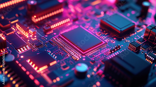 Close-up of a glowing microchip on a circuit board, with a chip in the middle