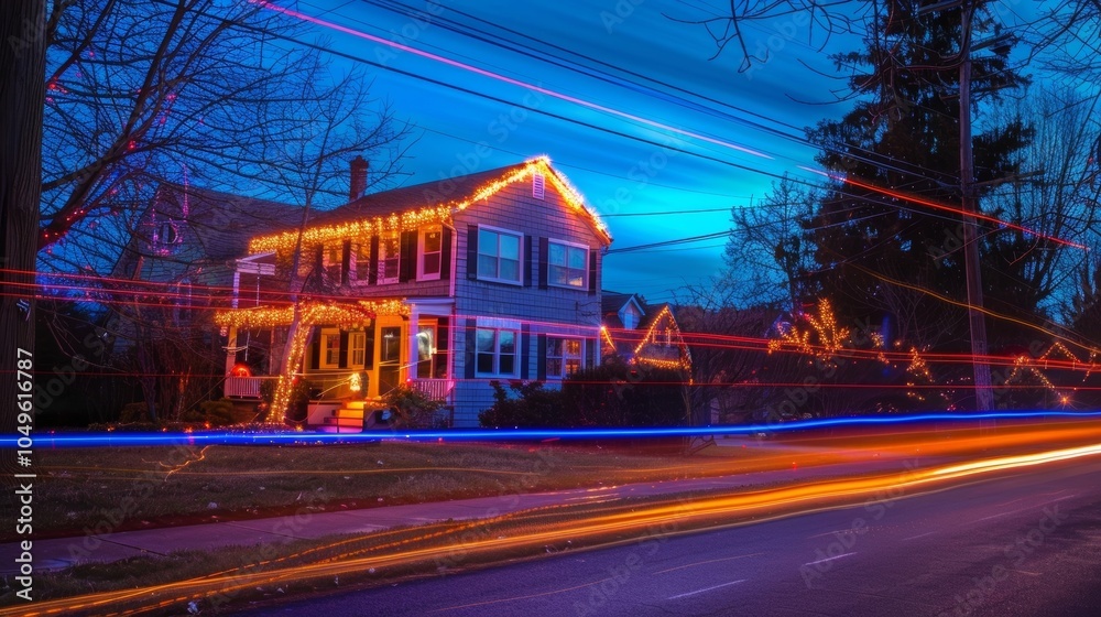Fototapeta premium The soft glow of light trails shining upon a house adorned with traditional Hanukkah lights.