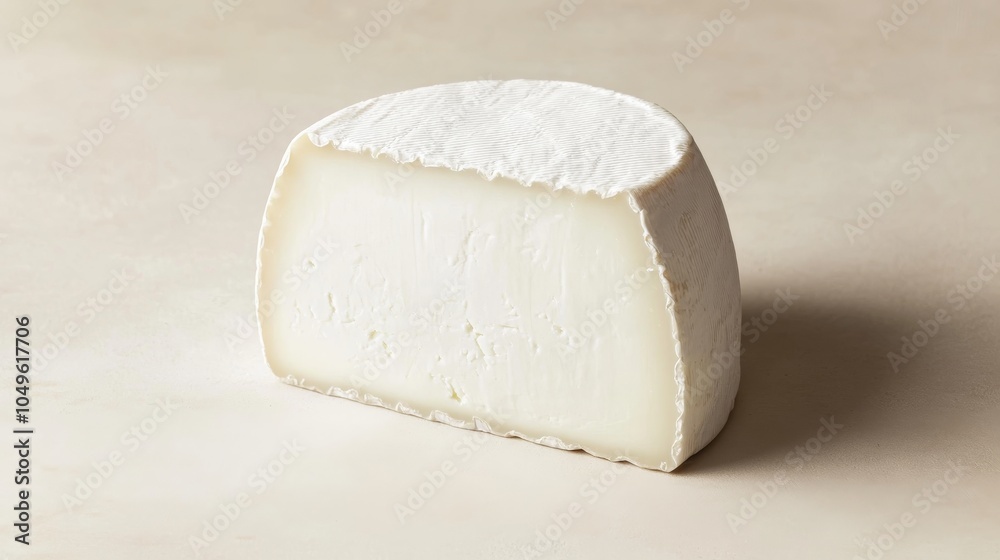 A wedge of Gouda goat cheese, showcasing its smooth texture and white color. This Dutch cheese is known for its mild, tangy flavor, making it perfect for gourmet dishes and cheese boards.