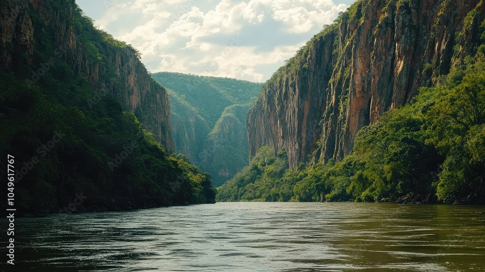 Fototapeta premium Dramatic River Canyon with Steep Cliffs and Lush Greenery
