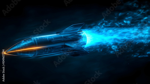 3D Illustration of a Space Rocket with Neon Blue Exhaust in a Simple Style Against a Dark Background