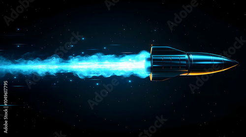 Futuristic 3D Space Rocket with Neon Blue Exhaust Launching into the Cosmos