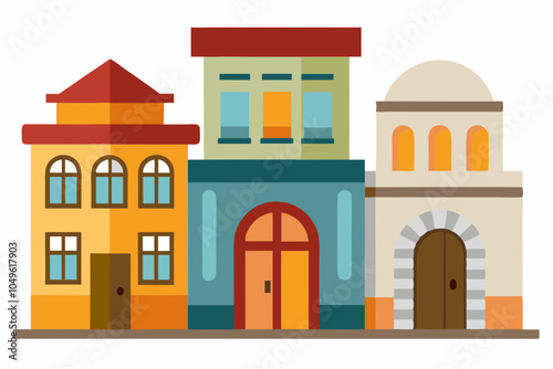 Building vector set flat illustrations of a color silhouette of city structures in outlines