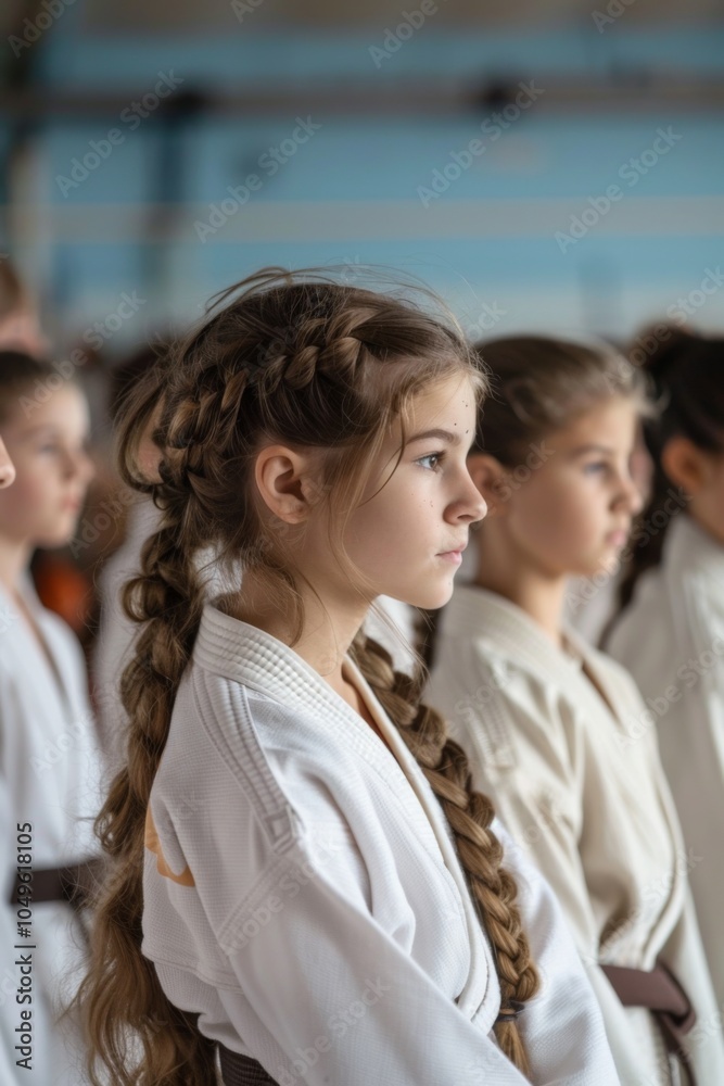 Obraz premium Young girl in karate uniform with group in background.