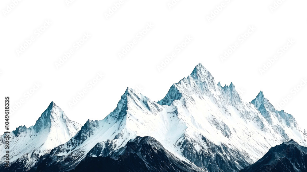A panoramic view of snow-capped mountain peaks against a clear white sky. A panoramic view of snow-capped mountain peaks against a clear white sky.