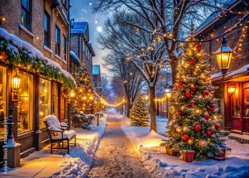 Fototapeta premium Snowy Winter Street with Festive Lights and Decorations at Dusk for Cozy Holiday Atmosphere