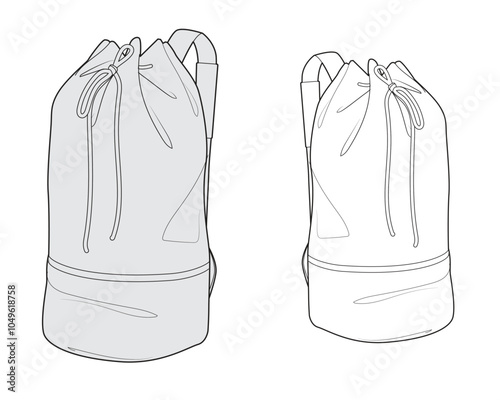 Duffel backpack bags technical flat sketch vector mockup template.