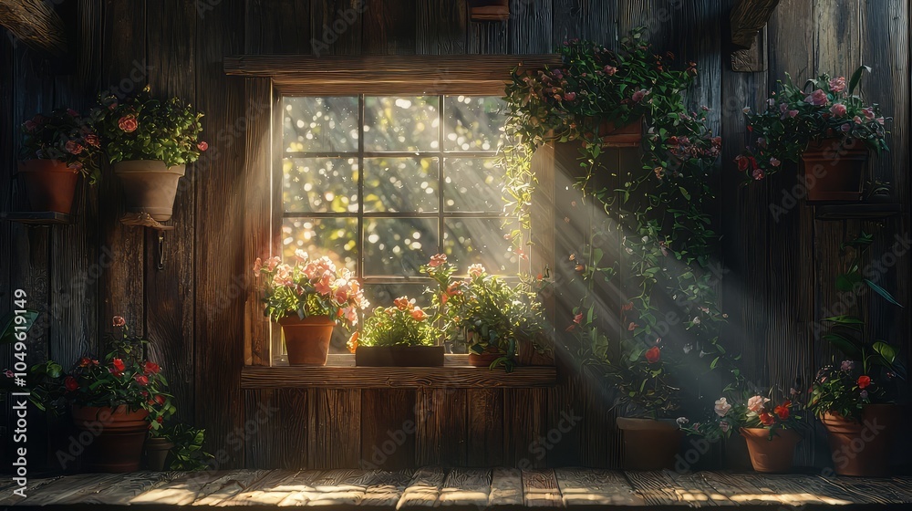 Serene Barn Window with Flower Pots and Sunlight Serene Barn Window with Flower Pots and Sunlight