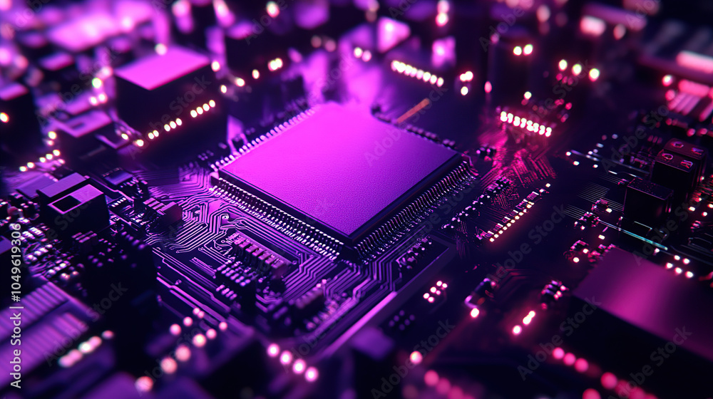 Close-up of a glowing microchip on a circuit board, with a chip in the middle Close-up of a glowing microchip on a circuit board, with a chip in the middle