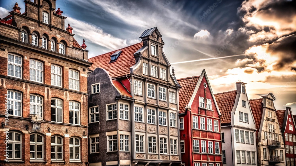 Fototapeta premium Colorful historic buildings with ornate details and a dramatic sky.