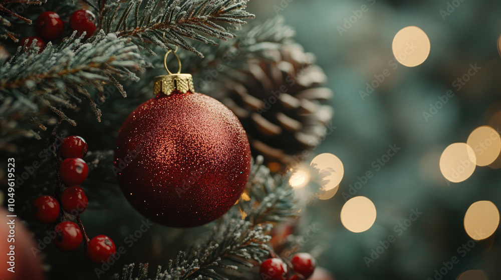 Christmas decorations and lights hanging on Christmas tree Christmas decorations and lights hanging on Christmas tree