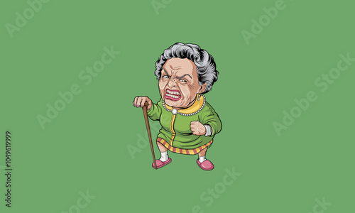 Angry elderly woman holding a cane with a fierce expression.