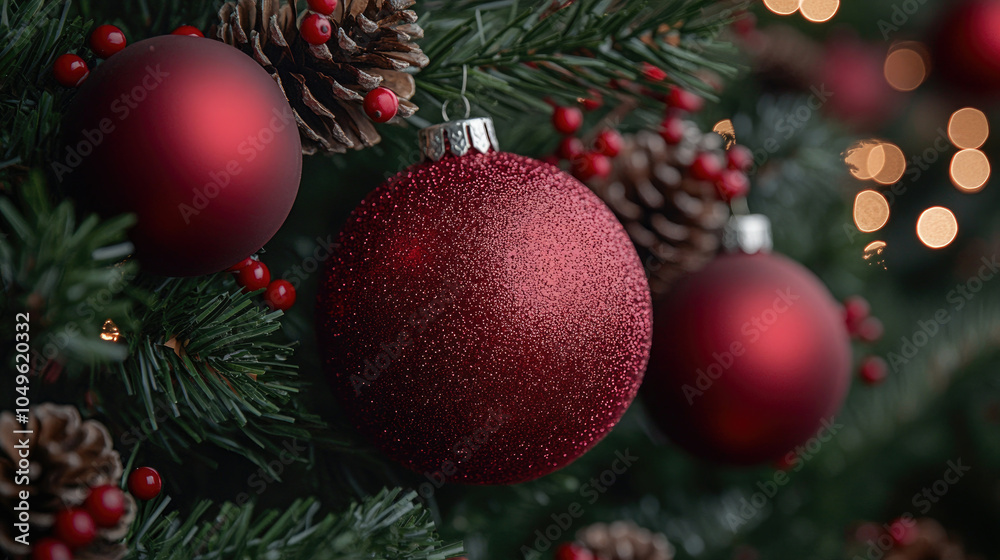 Christmas decorations and lights hanging on Christmas tree Christmas decorations and lights hanging on Christmas tree