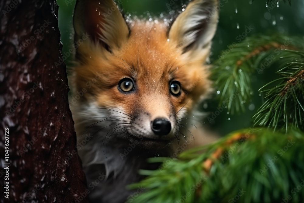 Curious fox peeking between tree trunk and green foliage with raindrops, showcasing expressive eyes Curious fox peeking between tree trunk and green foliage with raindrops, showcasing expressive eyes