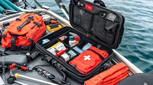 Comprehensive waterproof first aid kit with open compartments on the deck of a boat ready for outdoor adventures water emergencies and maritime rescue situations