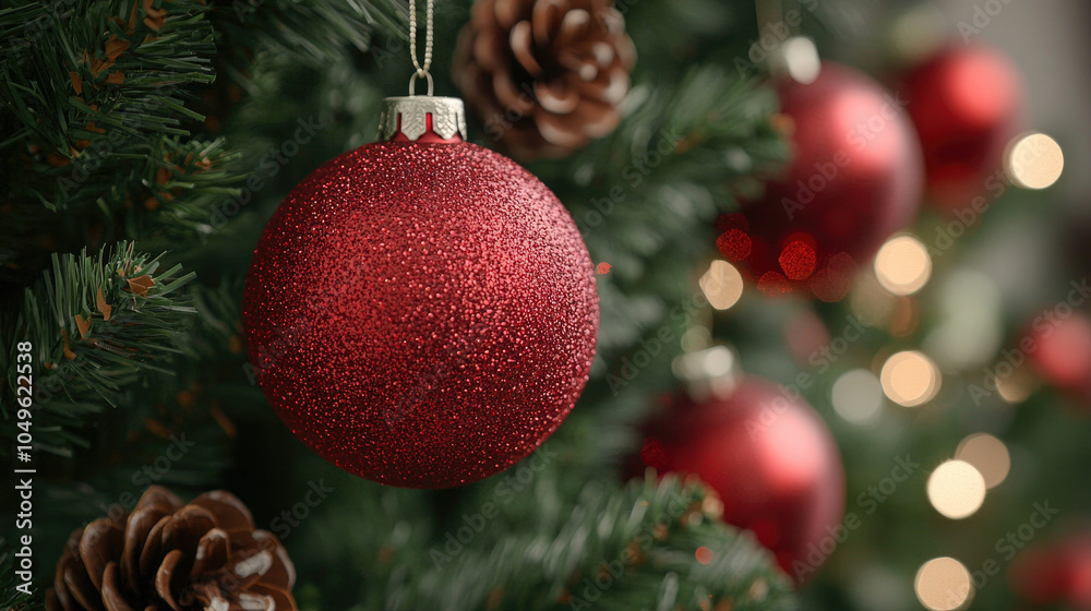 Obraz premium Christmas decorations and lights hanging on Christmas tree