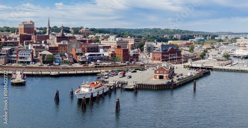 downtown cityscape of New London and waterfront ferry port on the Tahmes River, Connecticut, United States. photo