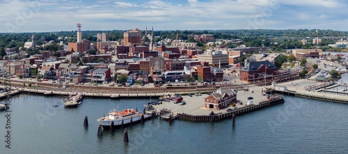 Photography downtown cityscape of New London and waterfront ferry port on the Tahmes River, Connecticut, United States