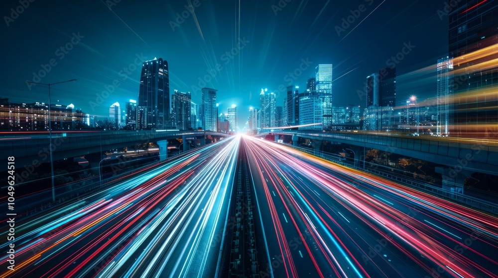 Fototapeta premium road in city with skyscrapers and car traffic light trails. infrastructure and transportation background