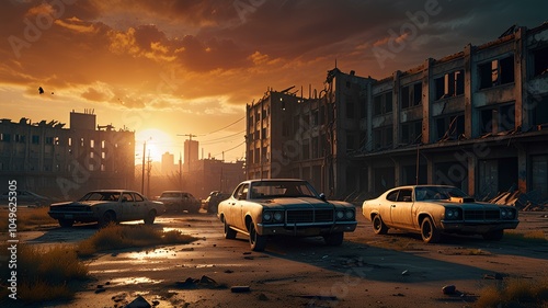 Wallpaper Mural Post-apocalyptic cityscape with ruined buildings and abandoned cars at sunset. Torontodigital.ca