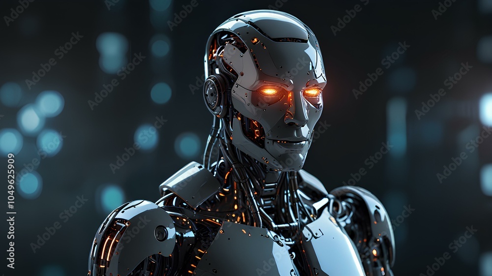 Fototapeta premium Robot ai and digital transformation with cyber tech, android and metaverse with software development for machine learning. Cyborg, connection and scifi abstract, innovation and invention for future.