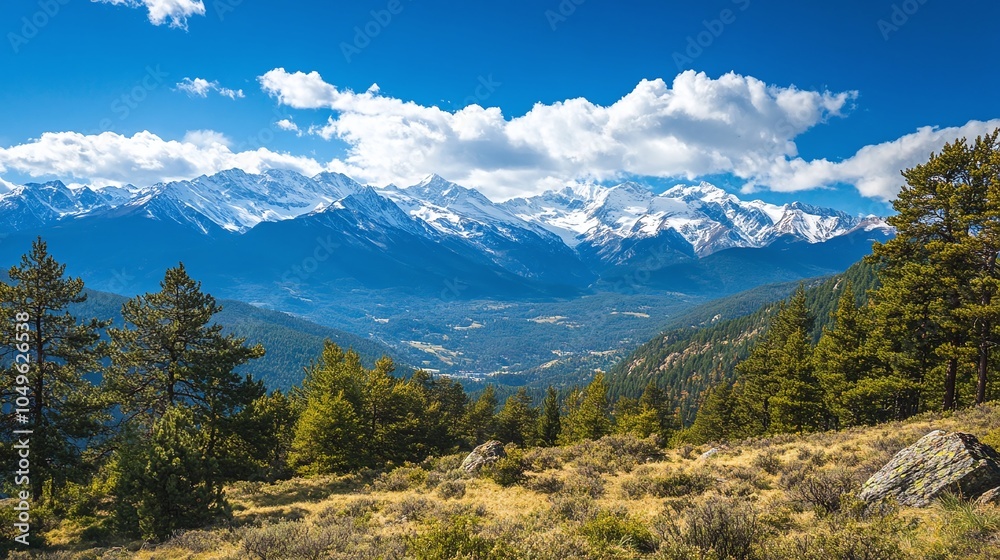 Fototapeta premium Serene Mountain View with Snow-Covered Peaks