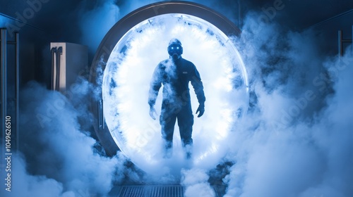 A man stands inside a cryochamber, illuminated by blue light, with fog creating an atmosphere of cold intensity. The chamber exudes a surreal, otherworldly ambiance photo