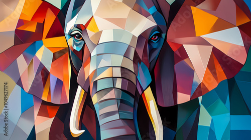 Vibrant elephant portrait captured in dynamic cubism style, bursting with colorful expression. Cubist Portrait. Illustration