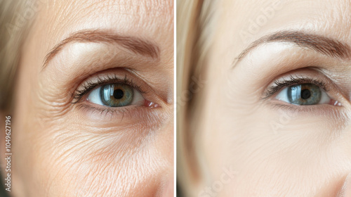 The transformation showcases the effects of botox injections on fine lines around the eyes, revealing smoother skin and a more youthful appearance post-treatment, facelift, surgery,skin rejuvenation