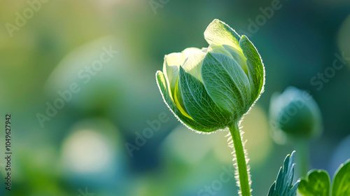 A single white flower bud with green sepals backlit by the sun. photo