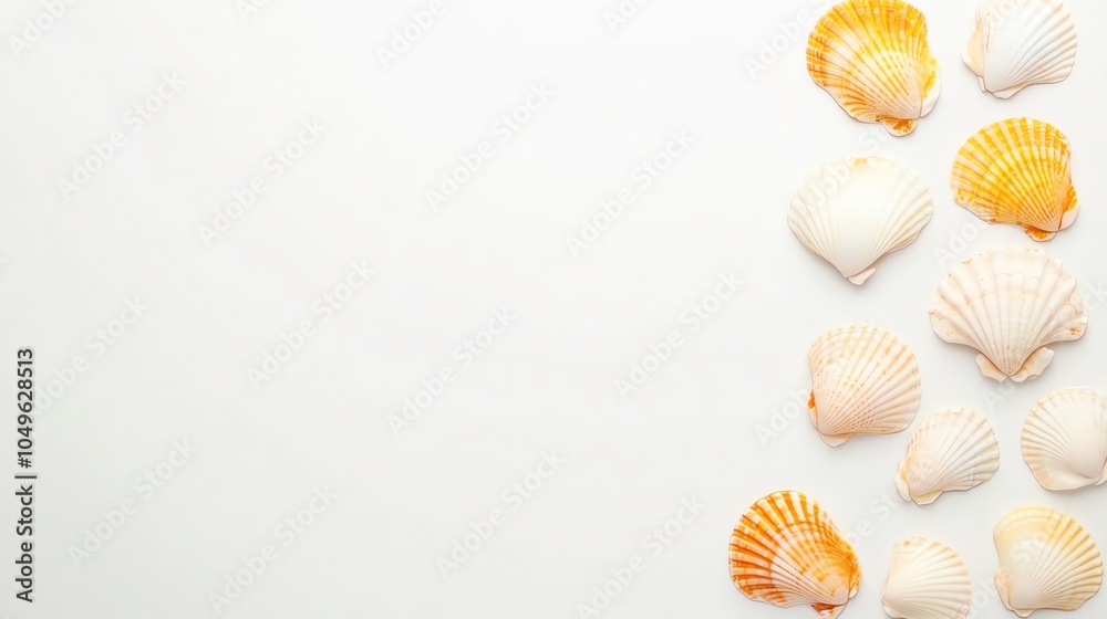 Colorful seashells arranged on a clean white background. Colorful seashells arranged on a clean white background.