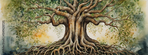 A watercolor painting of a grand banyan tree with intricate roots and branches, symbolizing wisdom, longevity, and connection, as per Vastu. photo