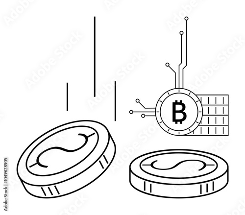 Traditional coins next to a digital Bitcoin symbol showcase the shift from physical to digital currency. Ideal for fintech, cryptocurrency education, financial technology advances, digital