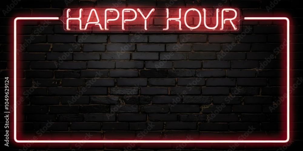 Fototapeta premium Neon Sign on Dark Brick Wall with Happy Hour Theme