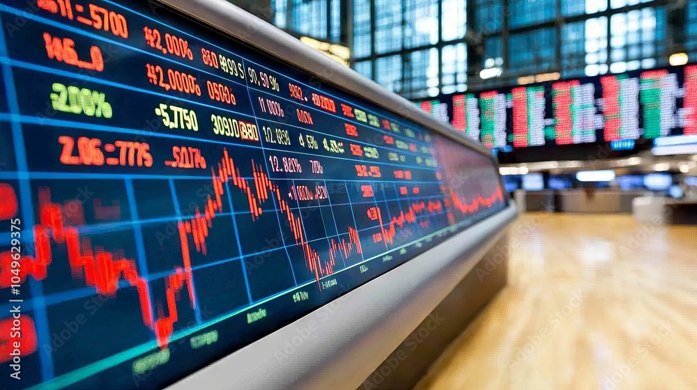 Obraz premium Display of digital stock market data on a large screen with blurred background and lights