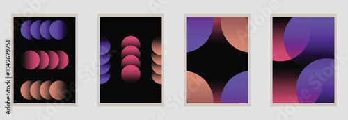 Abstract geometric shapes, retro color palette, gradient backgrounds, curved forms, minimalist design, lunar phases, celestial inspiration, symmetrical composition, dark and light contrasts design