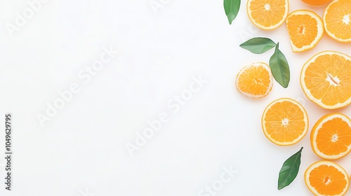 Fresh orange slices with green leaves on a white isolated background. photo