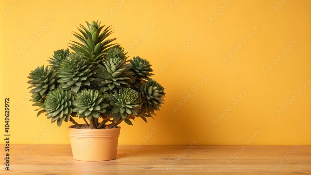 Fototapeta premium A potted succulent plant with a yellow wall in the background.
