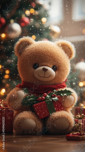 Cute teddy bear holding christmas gift in front of christmas tree