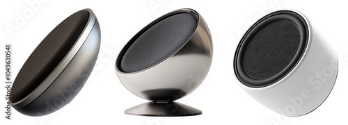 Three modern speakers on a white isolated background showcasing unique designs and finishes. photo