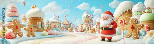 Fairy-tale Santa in a playful candy land, surrounded by gingerbread characters, cute 3D cartoon illustration