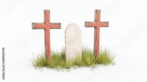 Graves with crosses amidst green grass, isolated on white background. photo