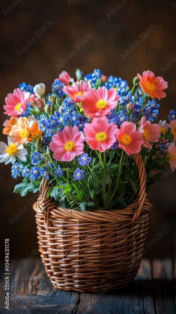 Colorful bouquet of hyacinths and buttercups standing in wicker basket Colorful bouquet of hyacinths and buttercups standing in wicker basket