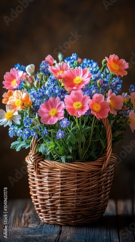 Colorful bouquet of hyacinths and buttercups standing in wicker basket