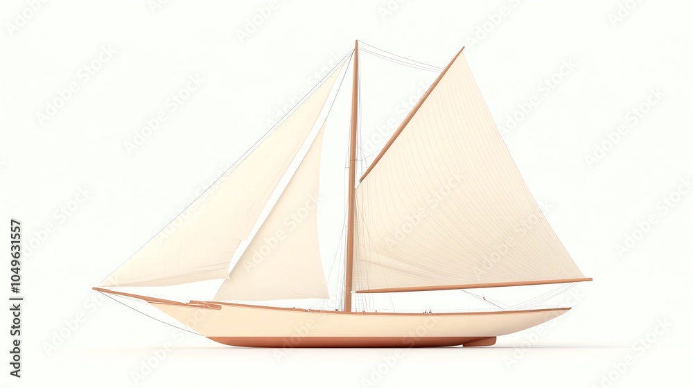 Fototapeta premium Model sailing boat with white sails on a light background.