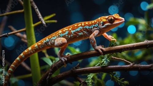 A vibrant gecko perched on branches against a shimmering blue background. photo