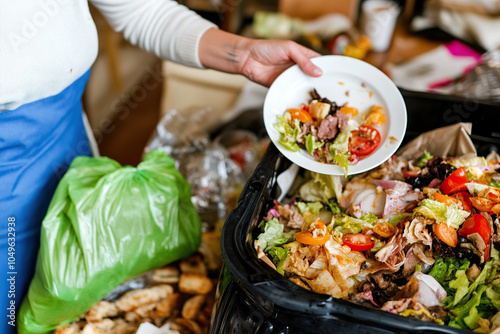 Close-Up of a Woman Disposing Food Remains from an Empty Plate into a Trash Can with a Green Liner – Domestic Scene of Waste Disposal in a Decorated Kitchen Setting, Portrait Photography